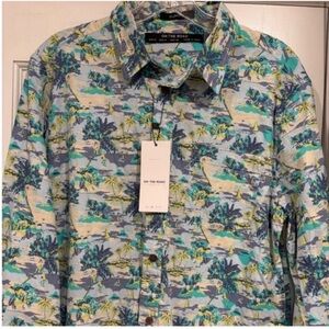 On The Road NEW Long Sleeve Button Front Shirt Coastal Print Mens M Blue Cream